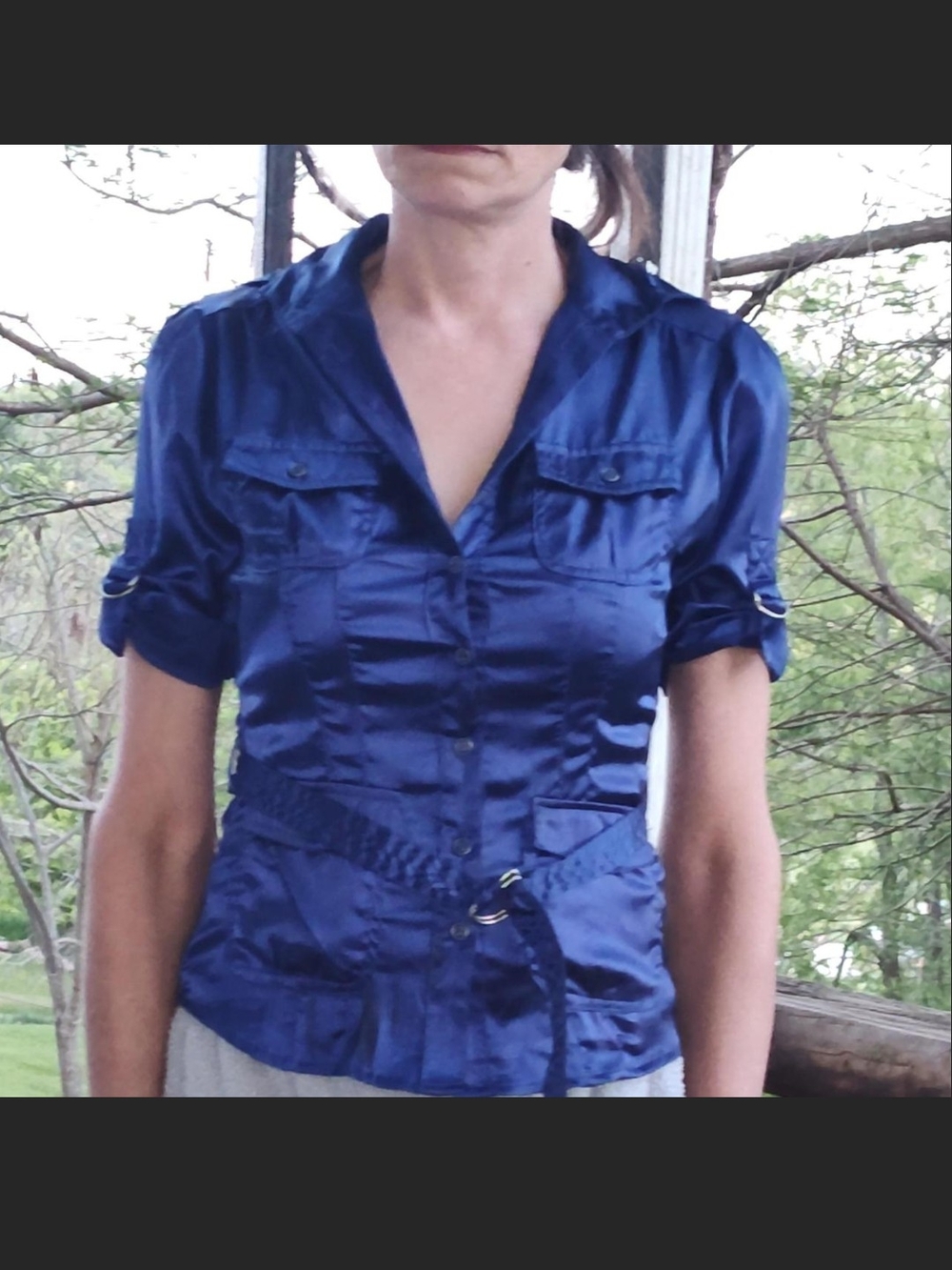 Max Rave Satin Button-Front Utility Shirt in Deep Blue With Tie